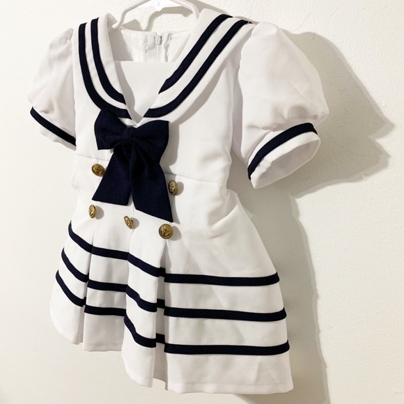 Unbranded Infant Lined Sailor Dress Full Skirt Self Tie Bow Sailor Collar Anchor - Picture 2 of 9